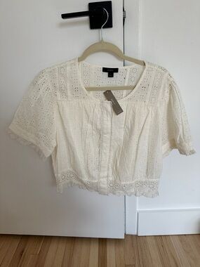 J Crew cropped eyelet and lace button front top - size large